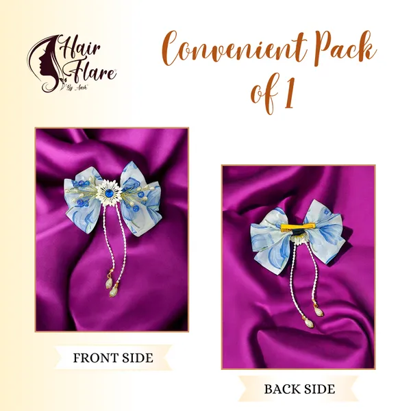 Elegant_three-layered_fabric_hair_bow_with_plastic_flower,_kundan_adornment,_pearl_and_bead_branches,_and_golden_clip_attachment.