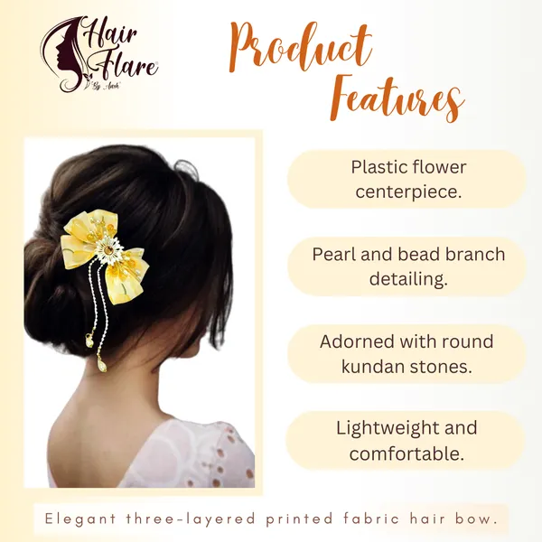 Elegant_three-layered_fabric_hair_bow_with_plastic_flower,_kundan_adornment,_pearl_and_bead_branches,_and_golden_clip_attachment.