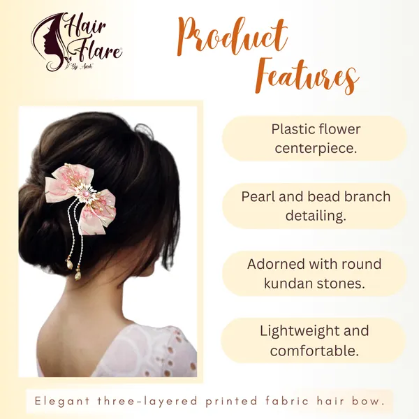 Elegant_three-layered_fabric_hair_bow_with_plastic_flower,_kundan_adornment,_pearl_and_bead_branches,_and_golden_clip_attachment.