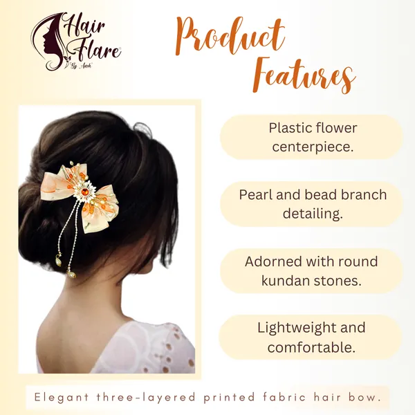 Elegant_three-layered_fabric_hair_bow_with_plastic_flower,_kundan_adornment,_pearl_and_bead_branches,_and_golden_clip_attachment.