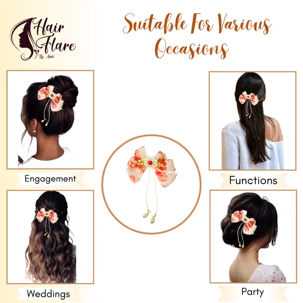 Elegant_three-layered_fabric_hair_bow_with_plastic_flower,_kundan_adornment,_pearl_and_bead_branches,_and_golden_clip_attachment.