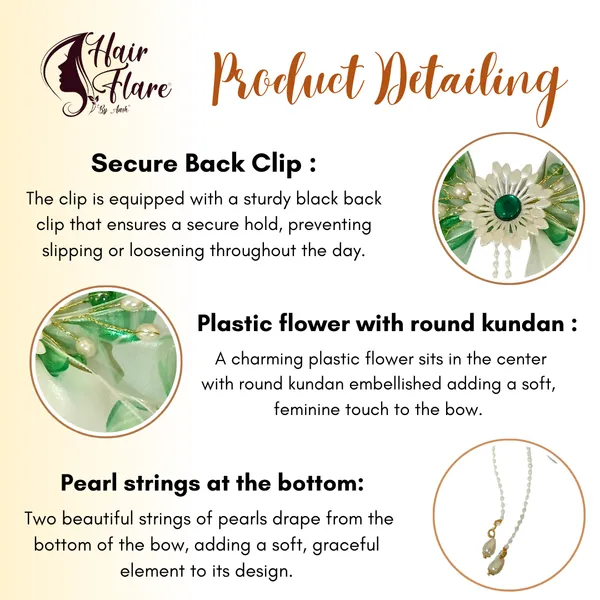 Elegant_three-layered_fabric_hair_bow_with_plastic_flower,_kundan_adornment,_pearl_and_bead_branches,_and_golden_clip_attachment.