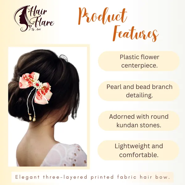 Elegant_three-layered_fabric_hair_bow_with_plastic_flower,_kundan_adornment,_pearl_and_bead_branches,_and_golden_clip_attachment.