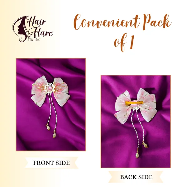 Elegant_three-layered_fabric_hair_bow_with_plastic_flower,_kundan_adornment,_pearl_and_bead_branches,_and_golden_clip_attachment.