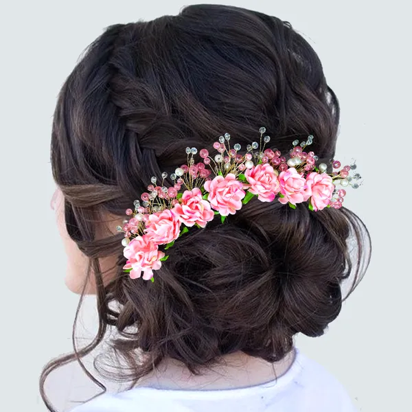 Peach_Artificial_Plastic_Rounded_Rose_Flower_Design_Hairpin_Accessories_With_Pearl_For_Women_&_Girls_(14_X_8_X_1_Cm)