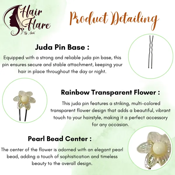 "Rainbow_Transparent_Flower_Juda_Pin_with_Pearl_bead_and_Secure_Juda_Pin_Base_for_Elegant_Hair_Styling"