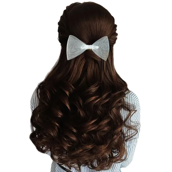 "Nylon_Net_Ribbon_Hair_Bow_with_Plastic_Lace_Adorn_and_Secure_Clip_Attachment_for_Effortless_Hair_Styling"