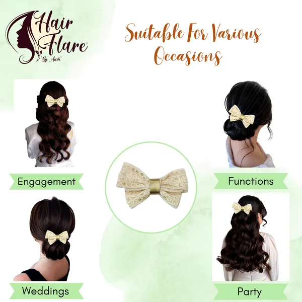 "Cream_Lace_Hair_Bow_with_Light_Golden_Leather_Adorn_and_Secure_Barette_Clip_for_Elegant_and_Effortless_Hair_Styling"