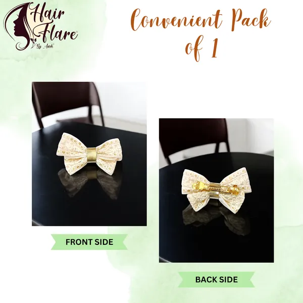 "Cream_Lace_Hair_Bow_with_Light_Golden_Leather_Adorn_and_Secure_Barette_Clip_for_Elegant_and_Effortless_Hair_Styling"