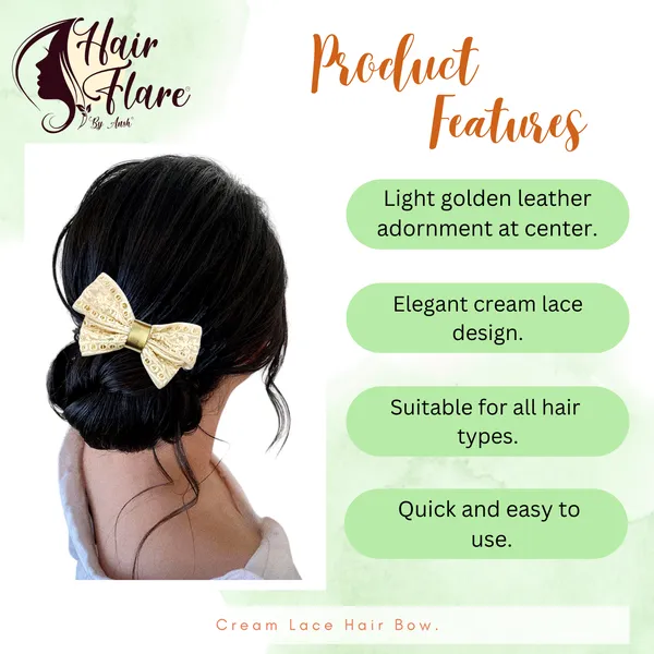 "Cream_Lace_Hair_Bow_with_Light_Golden_Leather_Adorn_and_Secure_Barette_Clip_for_Elegant_and_Effortless_Hair_Styling"