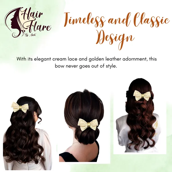 "Cream_Lace_Hair_Bow_with_Light_Golden_Leather_Adorn_and_Secure_Barette_Clip_for_Elegant_and_Effortless_Hair_Styling"