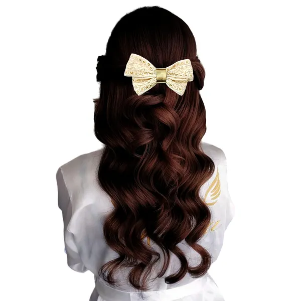 "Cream_Lace_Hair_Bow_with_Light_Golden_Leather_Adorn_and_Secure_Barette_Clip_for_Elegant_and_Effortless_Hair_Styling"