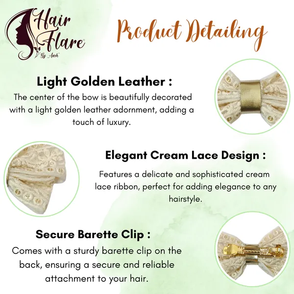 "Cream_Lace_Hair_Bow_with_Light_Golden_Leather_Adorn_and_Secure_Barette_Clip_for_Elegant_and_Effortless_Hair_Styling"