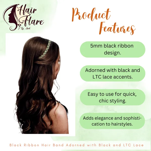 "5mm_Black_Ribbon_Hair_Band_Adorned_with_Black_and_LTC_Lace_for_Elegant,_Comfortable,_and_Secure_Hair_Styling"