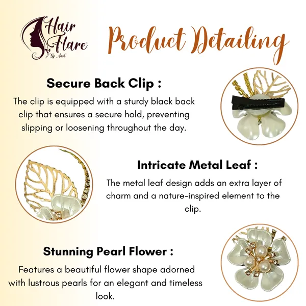 "Elegant_Pearl_Flower_Hair_Clip_with_Metal_Leaf,_Pearl_Bead_Center,_and_Secure_Black_Back_Clip_for_Stylish_Hold"