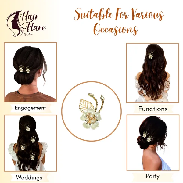 "Elegant_Pearl_Flower_Hair_Clip_with_Metal_Leaf,_Pearl_Bead_Center,_and_Secure_Black_Back_Clip_for_Stylish_Hold"