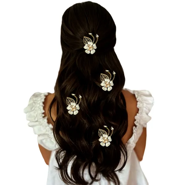 "Elegant_Pearl_Flower_Hair_Clip_with_Metal_Leaf,_Pearl_Bead_Center,_and_Secure_Black_Back_Clip_for_Stylish_Hold"
