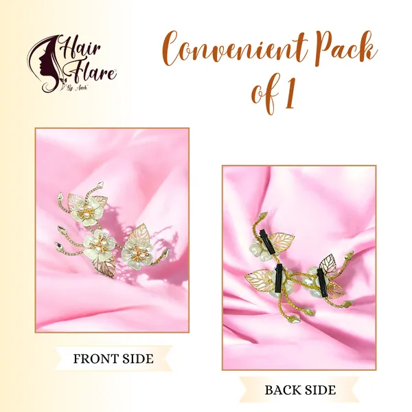 "Elegant_Three-Flower_Hair_Clip_Headpiece_with_Pear_Bead_Centers,_Crystal_Chain,_Metal_Leaves,_and_Secure_Clip_for_Hair_Attachment"