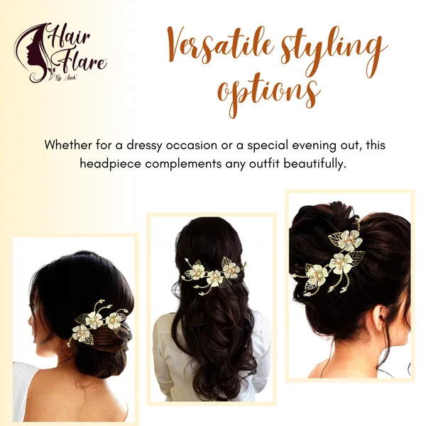 "Elegant_Three-Flower_Hair_Clip_Headpiece_with_Pear_Bead_Centers,_Crystal_Chain,_Metal_Leaves,_and_Secure_Clip_for_Hair_Attachment"