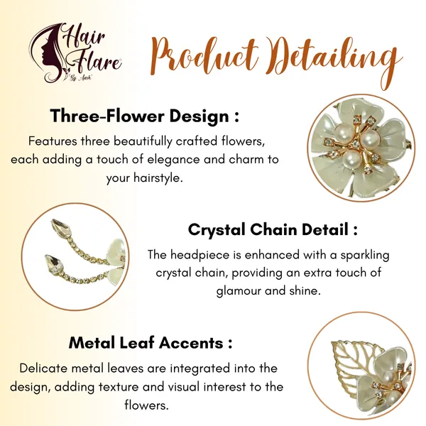 "Elegant_Three-Flower_Hair_Clip_Headpiece_with_Pear_Bead_Centers,_Crystal_Chain,_Metal_Leaves,_and_Secure_Clip_for_Hair_Attachment"