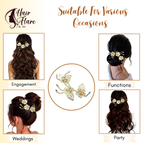 "Elegant_Three-Flower_Hair_Clip_Headpiece_with_Pear_Bead_Centers,_Crystal_Chain,_Metal_Leaves,_and_Secure_Clip_for_Hair_Attachment"