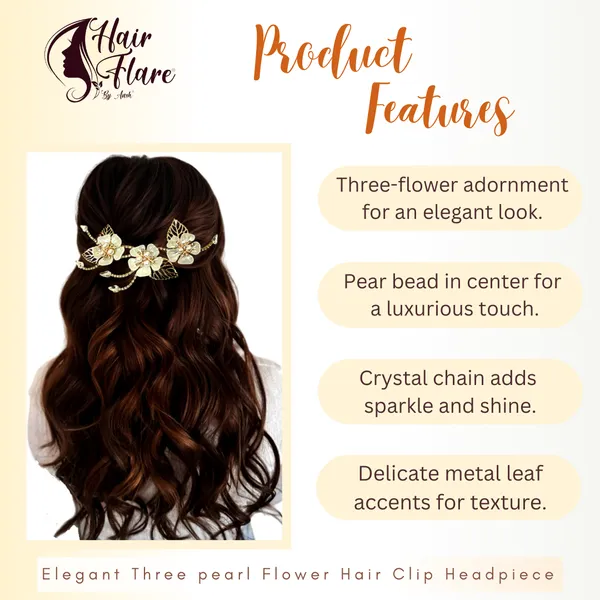 "Elegant_Three-Flower_Hair_Clip_Headpiece_with_Pear_Bead_Centers,_Crystal_Chain,_Metal_Leaves,_and_Secure_Clip_for_Hair_Attachment"