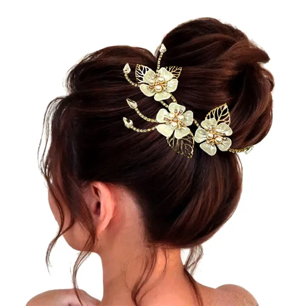 "Elegant_Three-Flower_Hair_Clip_Headpiece_with_Pear_Bead_Centers,_Crystal_Chain,_Metal_Leaves,_and_Secure_Clip_for_Hair_Attachment"