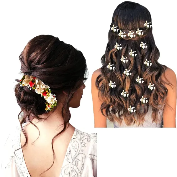 White_Artificial_Mogra_Flower_And_Pearls_Made_Hair_Pin_(Set_Of_19_Pins)