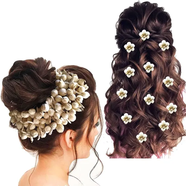 White_Artificial_Mogra_Flower_And_Pearls_Made_Hair_Pin_(Set_Of_13_Pins)