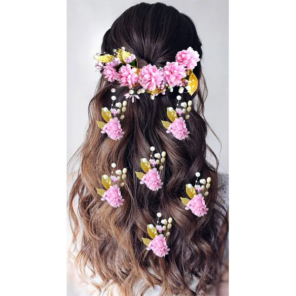 Baby_Pink_Artificial_Flower_With_Golden_Leaves_And_Pearls_Hair_Vein_And_Hair_Pin_Set_(7_Hair_Pins)