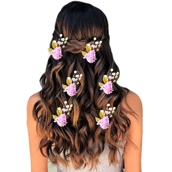 Baby_Pink_Artificial_Flower_With_Golden_Leaves_And_Pearls_Hair_Vein_And_Hair_Pin_Set_(7_Hair_Pins)