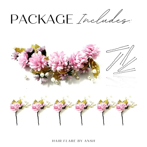 Baby_Pink_Artificial_Flower_With_Golden_Leaves_And_Pearls_Hair_Vein_And_Hair_Pin_Set_(7_Hair_Pins)
