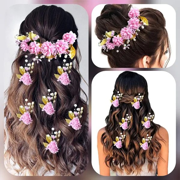Baby_Pink_Artificial_Flower_With_Golden_Leaves_And_Pearls_Hair_Vein_And_Hair_Pin_Set_(7_Hair_Pins)
