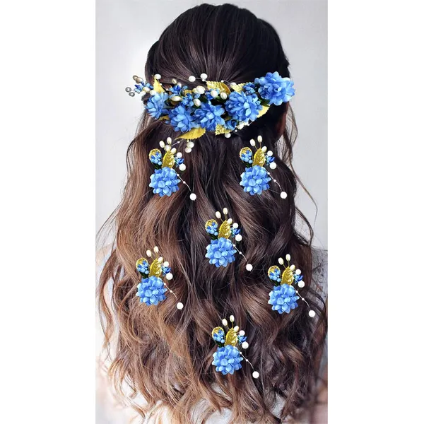 Blue_Artificial_Flower_With_Golden_Leaves_And_Pearls_Hair_Vein_And_Hair_Pin_Set_(Combo_Of_7_Hair_Pins)