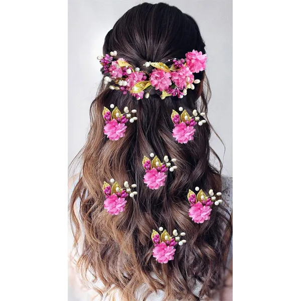 Dark_Pink_Artificial_Flower_With_Golden_Leaves_And_Pearls_Hair_Vein_And_Hair_Pin_Set_(7_Hair_Pins)