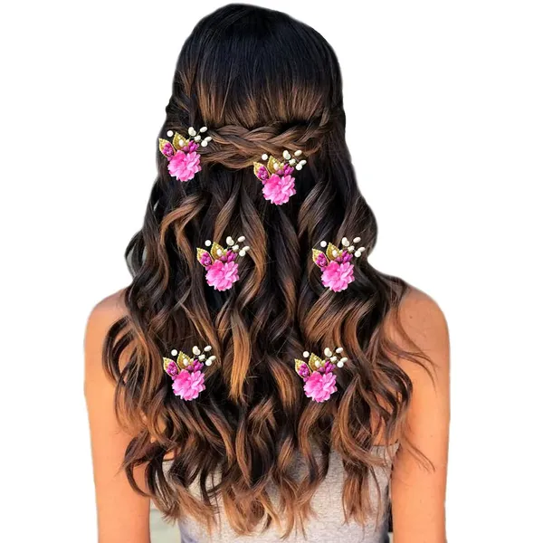 Dark_Pink_Artificial_Flower_With_Golden_Leaves_And_Pearls_Hair_Vein_And_Hair_Pin_Set_(7_Hair_Pins)