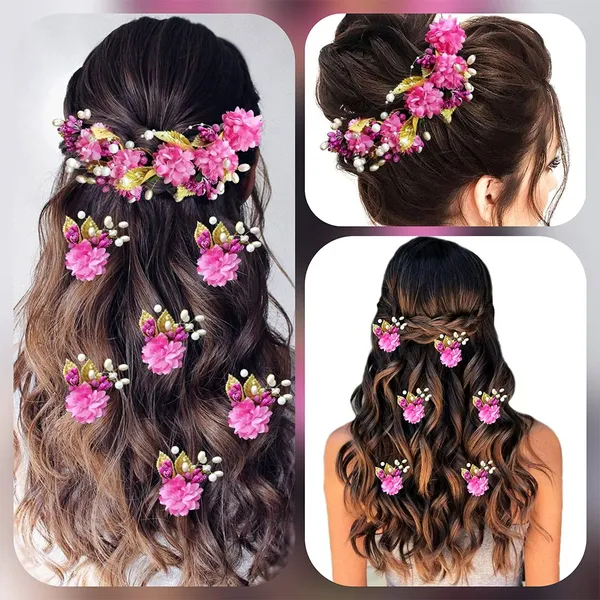 Dark_Pink_Artificial_Flower_With_Golden_Leaves_And_Pearls_Hair_Vein_And_Hair_Pin_Set_(7_Hair_Pins)