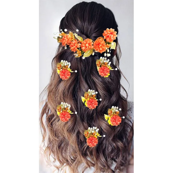 Orange_Artificial_Flower_With_Golden_Leaves_And_Pearls_Hair_Vein_And_Hair_Pin_Set_(Combo_Of_7_Hair_Pins)