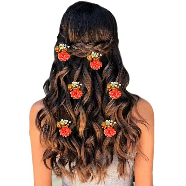 Orange_Artificial_Flower_With_Golden_Leaves_And_Pearls_Hair_Vein_And_Hair_Pin_Set_(Combo_Of_7_Hair_Pins)