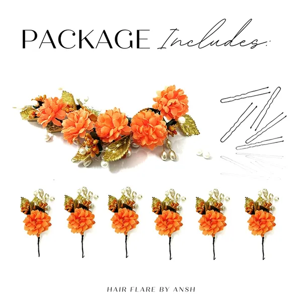 Orange_Artificial_Flower_With_Golden_Leaves_And_Pearls_Hair_Vein_And_Hair_Pin_Set_(Combo_Of_7_Hair_Pins)