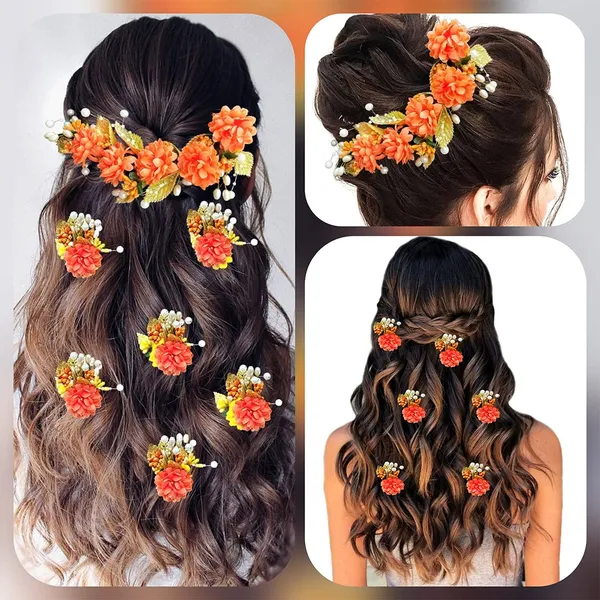 Orange_Artificial_Flower_With_Golden_Leaves_And_Pearls_Hair_Vein_And_Hair_Pin_Set_(Combo_Of_7_Hair_Pins)