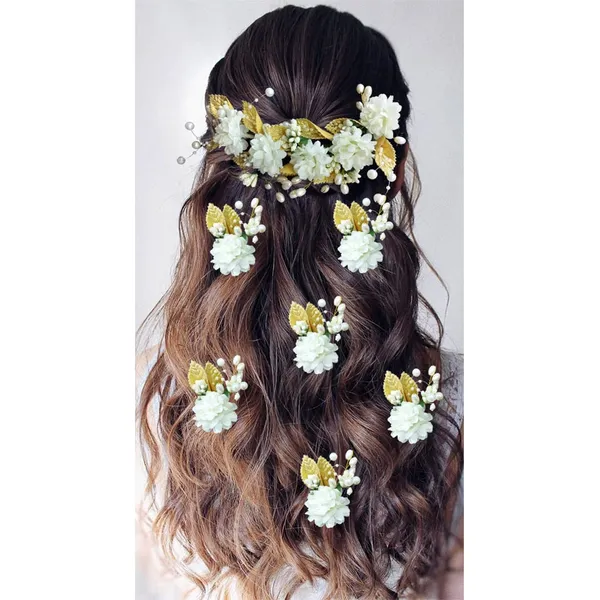 White_Artificial_Flower_With_Golden_Leaves_And_Pearls_Hair_Vein_And_Hair_Pin_Set_(Combo_Of_7_Hair_Pins)