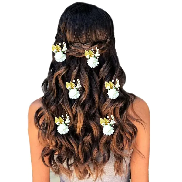 White_Artificial_Flower_With_Golden_Leaves_And_Pearls_Hair_Vein_And_Hair_Pin_Set_(Combo_Of_7_Hair_Pins)