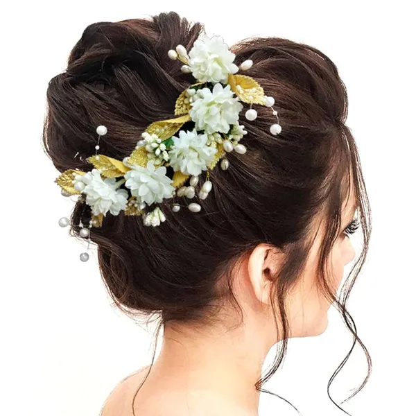 White_Artificial_Flower_With_Golden_Leaves_And_Pearls_Hair_Vein_And_Hair_Pin_Set_(Combo_Of_7_Hair_Pins)