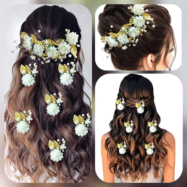 White_Artificial_Flower_With_Golden_Leaves_And_Pearls_Hair_Vein_And_Hair_Pin_Set_(Combo_Of_7_Hair_Pins)