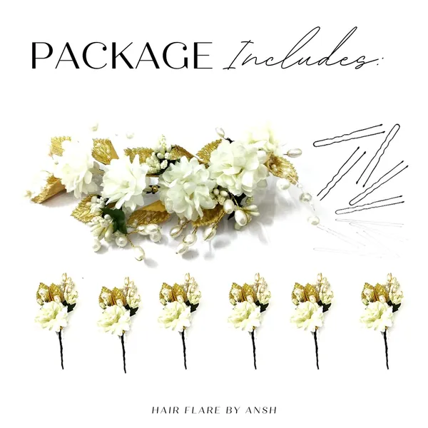 White_Artificial_Flower_With_Golden_Leaves_And_Pearls_Hair_Vein_And_Hair_Pin_Set_(Combo_Of_7_Hair_Pins)