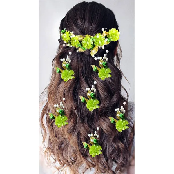 Green_Artificial_Flower_With_Golden_Leaves_And_Pearls_Hair_Vein_And_Hair_Pin_Set_(Combo_Of_7_Hair_Pins)