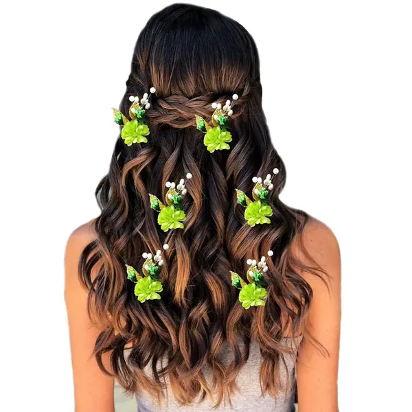 Green_Artificial_Flower_With_Golden_Leaves_And_Pearls_Hair_Vein_And_Hair_Pin_Set_(Combo_Of_7_Hair_Pins)