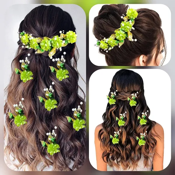 Green_Artificial_Flower_With_Golden_Leaves_And_Pearls_Hair_Vein_And_Hair_Pin_Set_(Combo_Of_7_Hair_Pins)