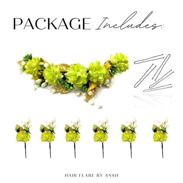 Green_Artificial_Flower_With_Golden_Leaves_And_Pearls_Hair_Vein_And_Hair_Pin_Set_(Combo_Of_7_Hair_Pins)